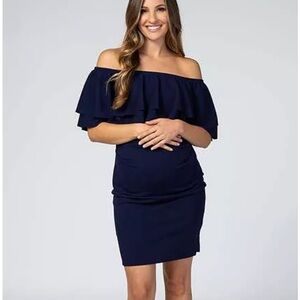 Navy Ruffle Off Shoulder Ruched Maternity Dress